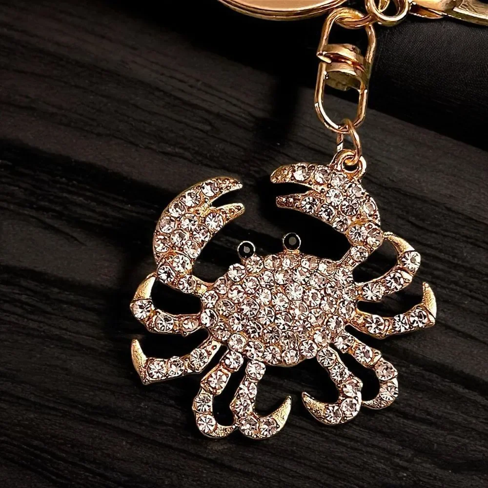 Crab White Rhinestone Gold Tone Keychain NWT